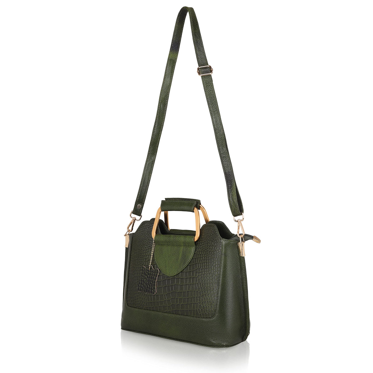 Corvia Croc Full Grain Leather Metal Top Handle Satchel Bag Strap Camouflage Green