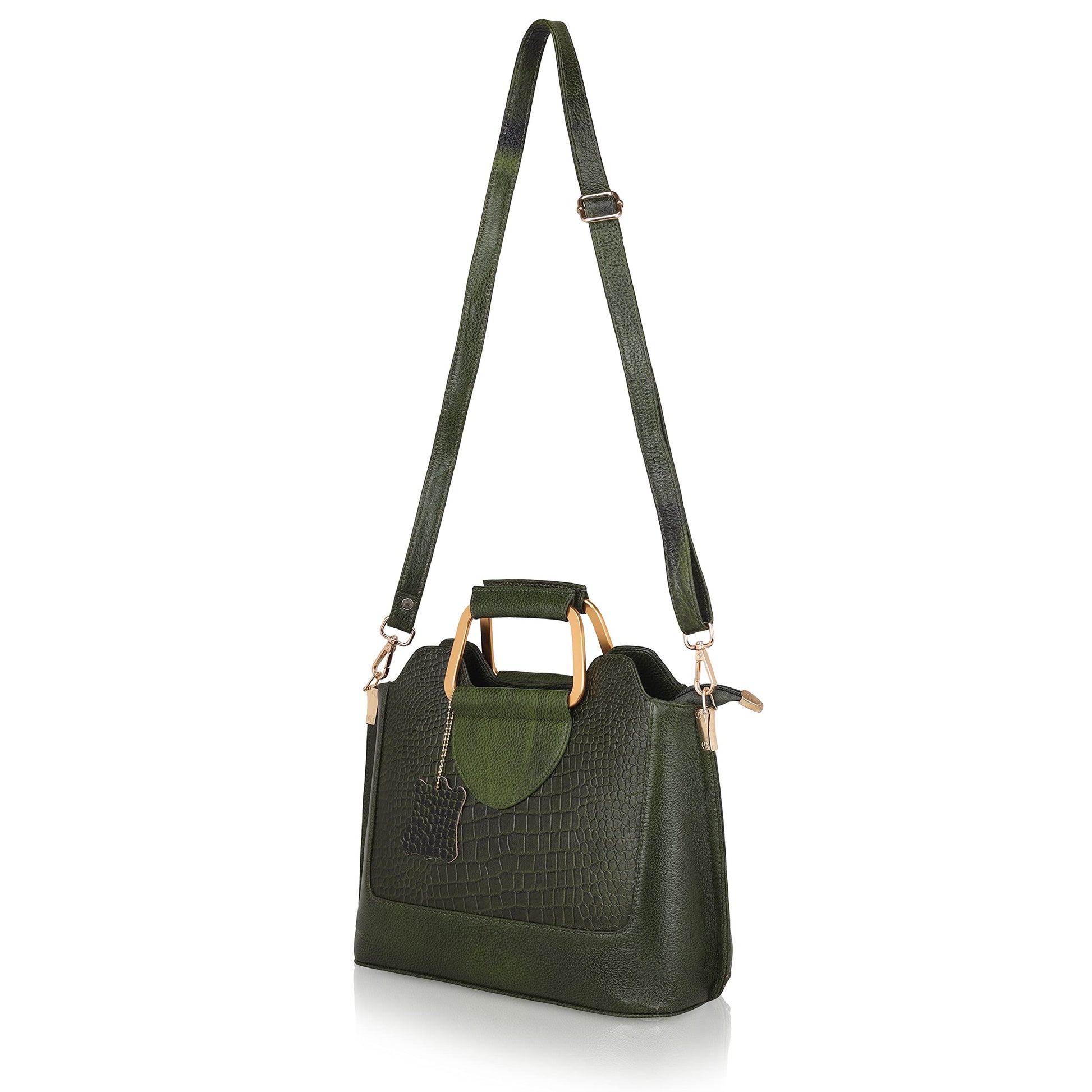 Corvia Croc Full Grain Leather Metal Top Handle Satchel Bag Strap Camouflage Green