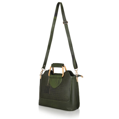 Corvia Croc Full Grain Leather Metal Top Handle Satchel Bag Strap Camouflage Green