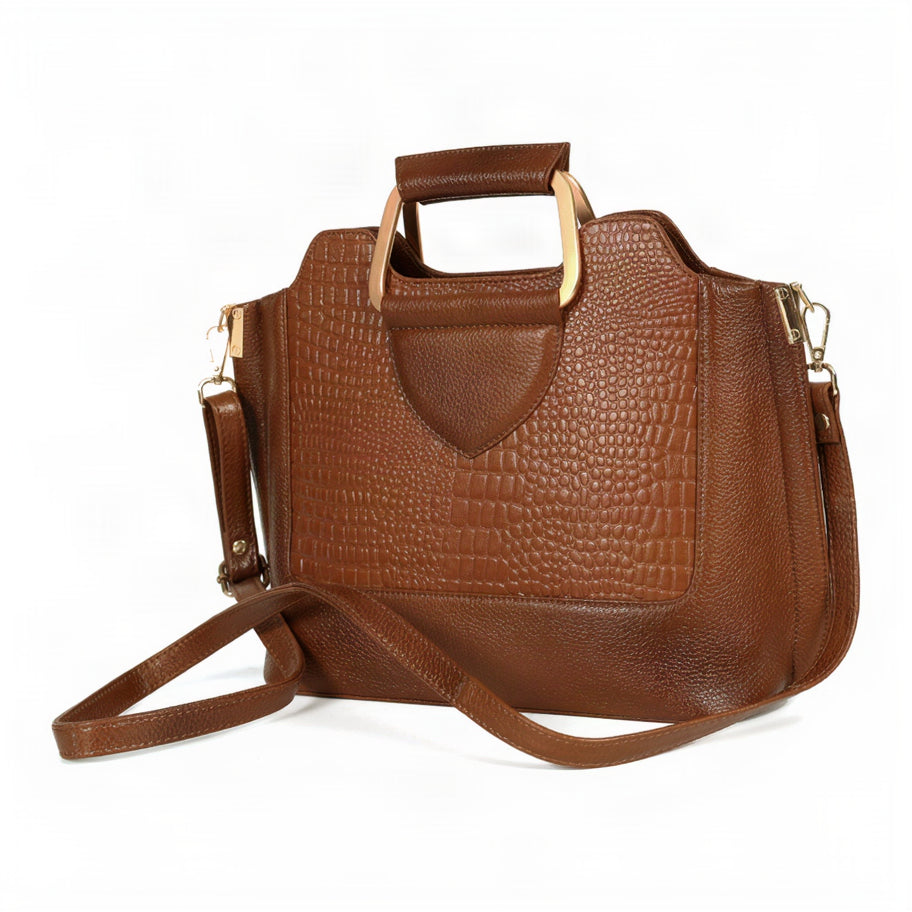 Corvia Croc Full Grain Leather Metal Top Handle Satchel Bag Strap Chestnut Brown