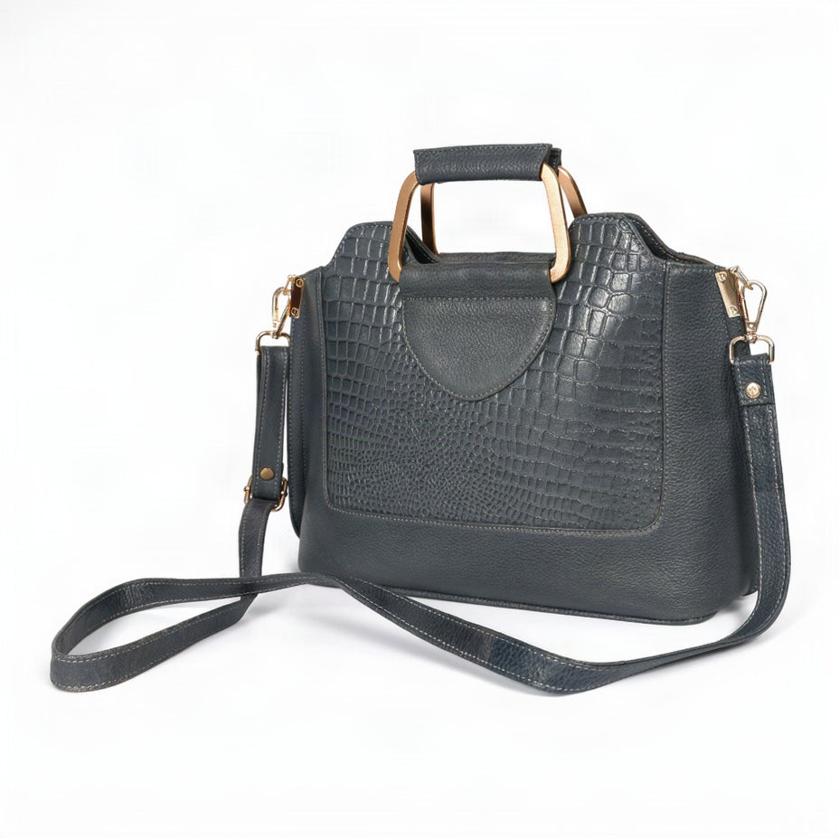 Corvia Croc Full Grain Leather Metal Top Handle Satchel Bag Strap Graphite Gray
