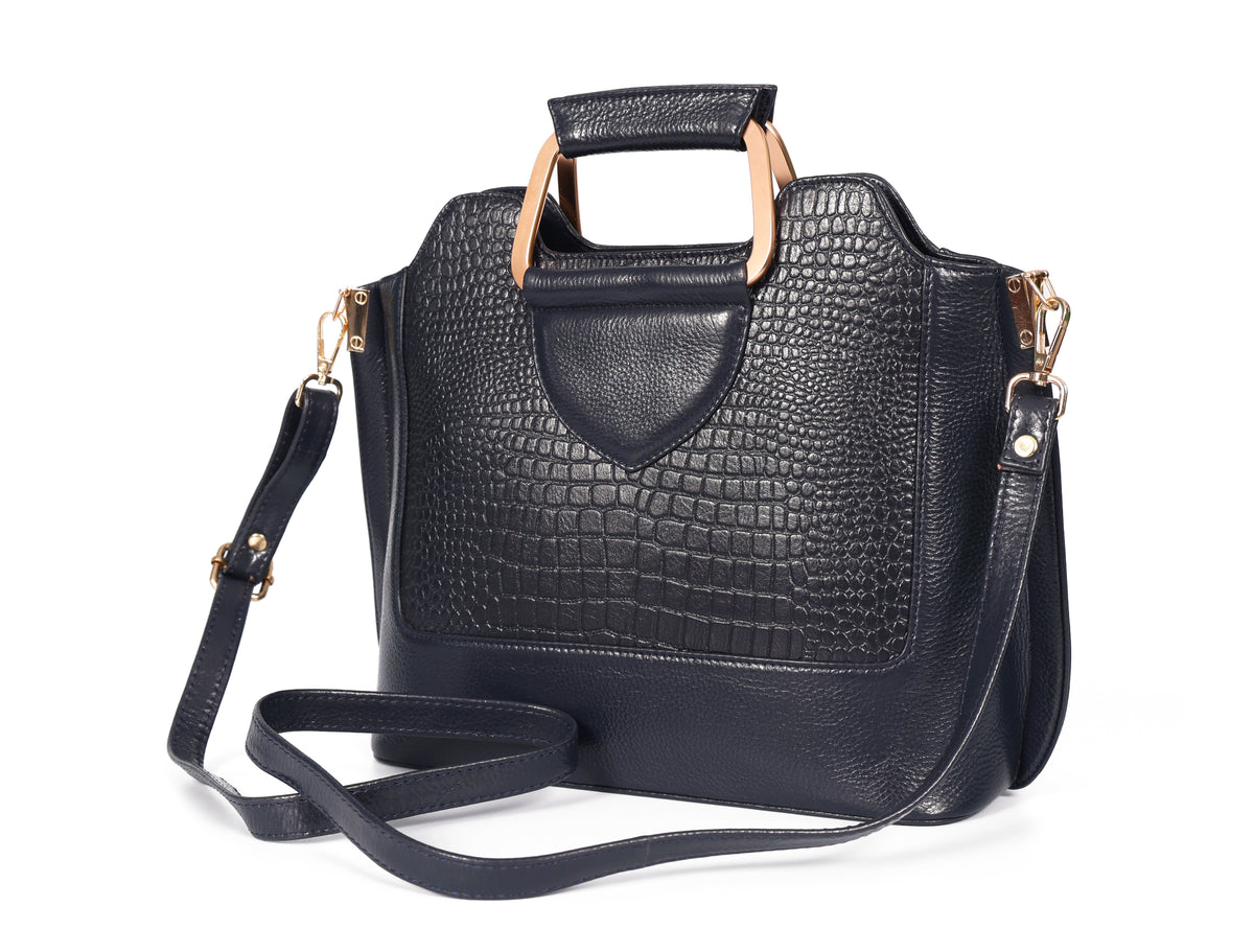 Corvia Croc Full Grain Leather Metal Top Handle Satchel Bag Strap Midnight Navy