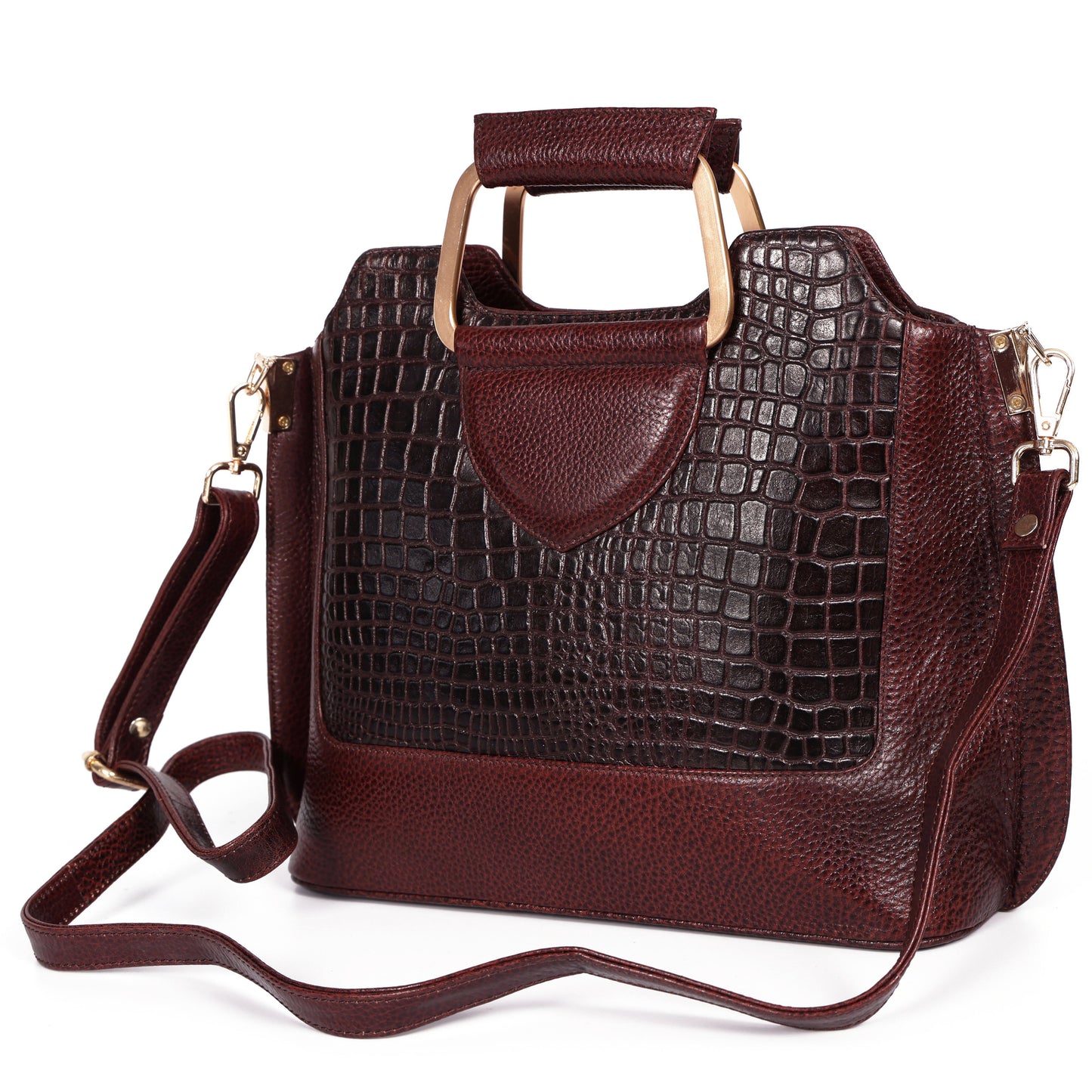 Corvia Croc Full Grain Leather Metal Top Handle Satchel Bag Strap Oxblood Brown