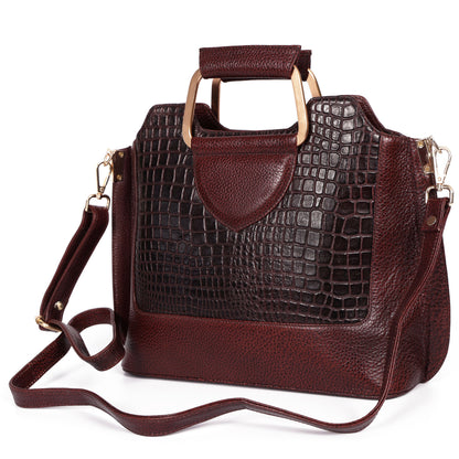 Corvia Croc Full Grain Leather Metal Top Handle Satchel Bag Strap Oxblood Brown