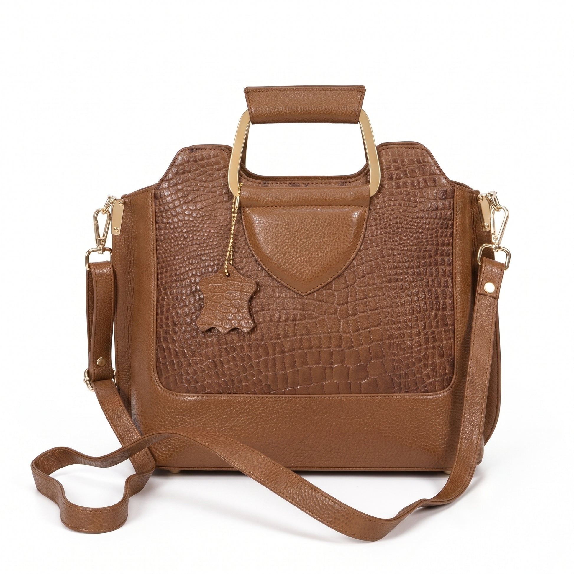 Corvia Croc Full Grain Leather Metal Top Handle Satchel Bag Strap Saddle Tan
