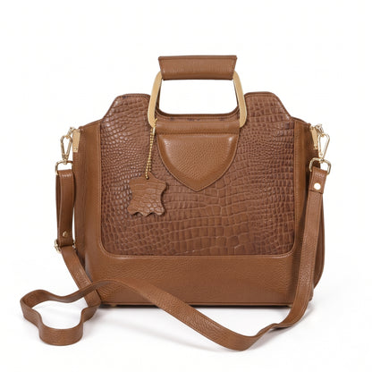 Corvia Croc Full Grain Leather Metal Top Handle Satchel Bag Strap Saddle Tan