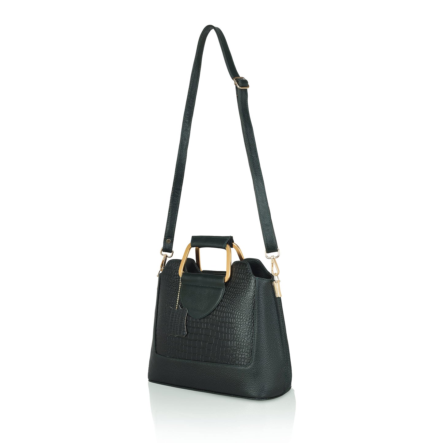 Corvia Croc Full Grain Leather Metal Top Handle Satchel Bag Strap with Gunmetal Green
