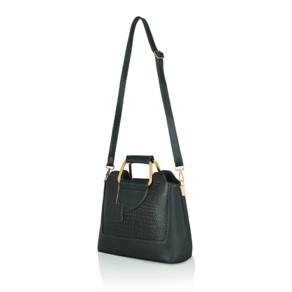 Corvia Croc Full Grain Leather Metal Top Handle Satchel Bag Strap with Gunmetal Green
