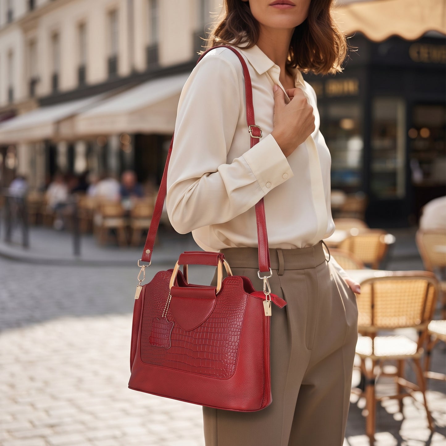 Corvia Croc Full Grain Leather Metal Top Handle Satchel Bag Strap with Model Brick Red