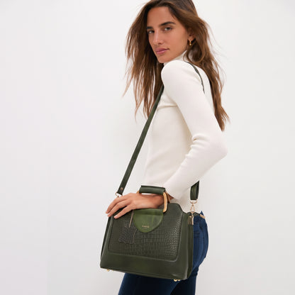 Corvia Croc Full Grain Leather Metal Top Handle Satchel Bag Strap with Model Camouflage Green