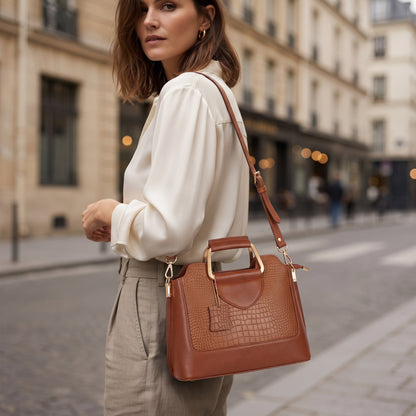 Corvia Croc Full Grain Leather Metal Top Handle Satchel Bag Strap with Model Chestnut Brown