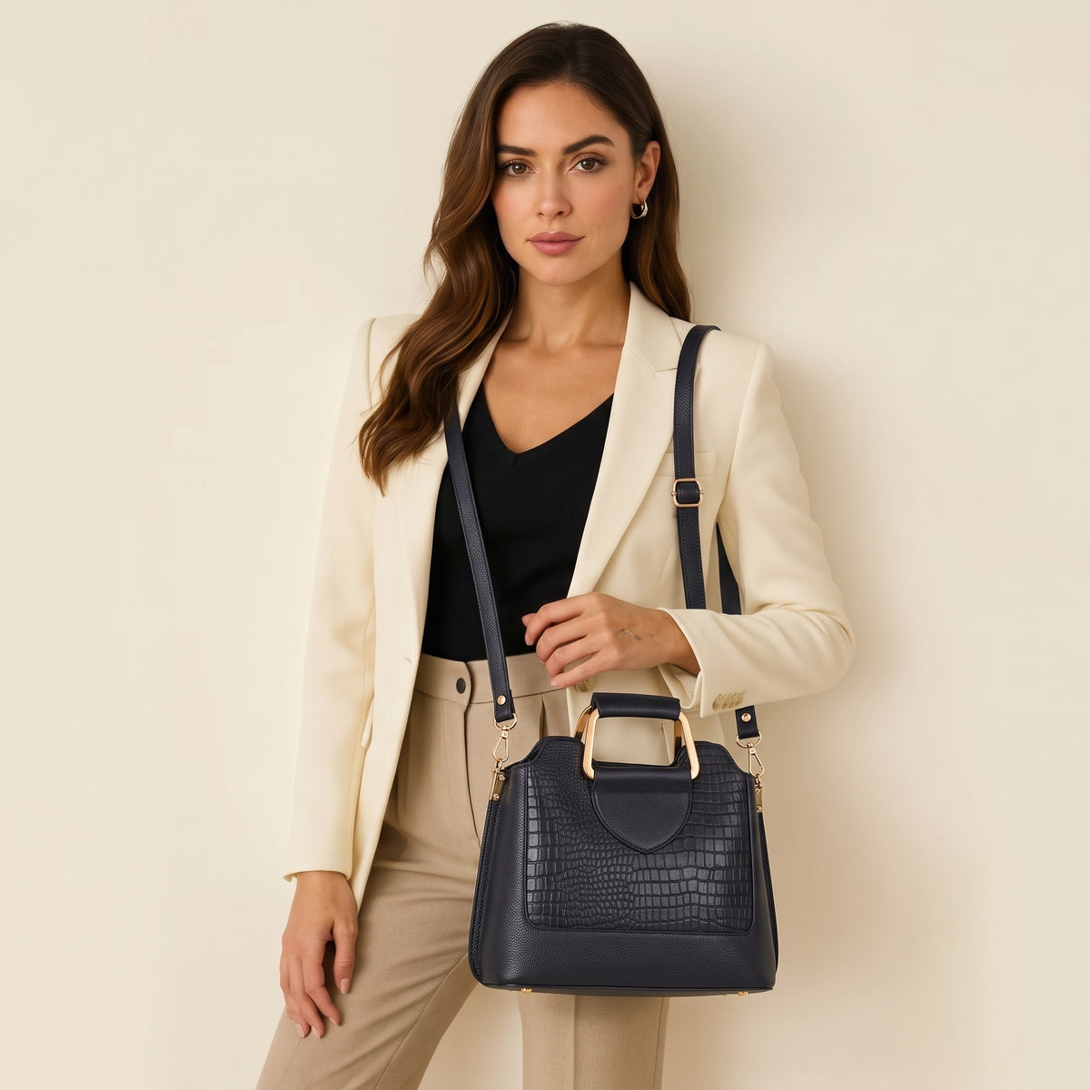 Corvia Croc Full Grain Leather Metal Top Handle Satchel Bag Strap with Model Midnight Navy