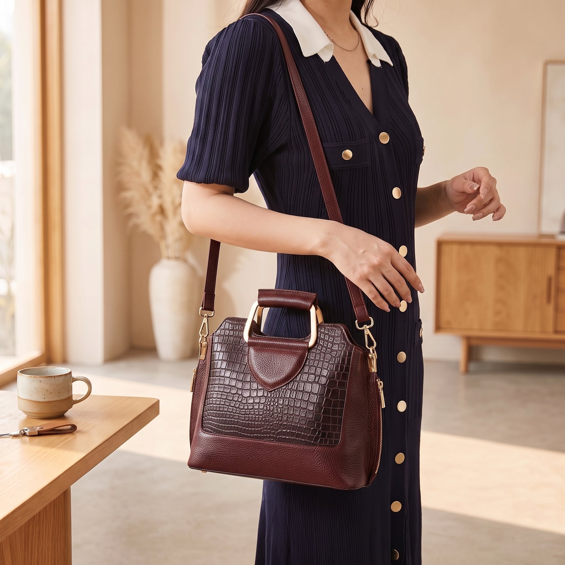 Corvia Croc Full Grain Leather Metal Top Handle Satchel Bag Strap with Model Oxblood Brown