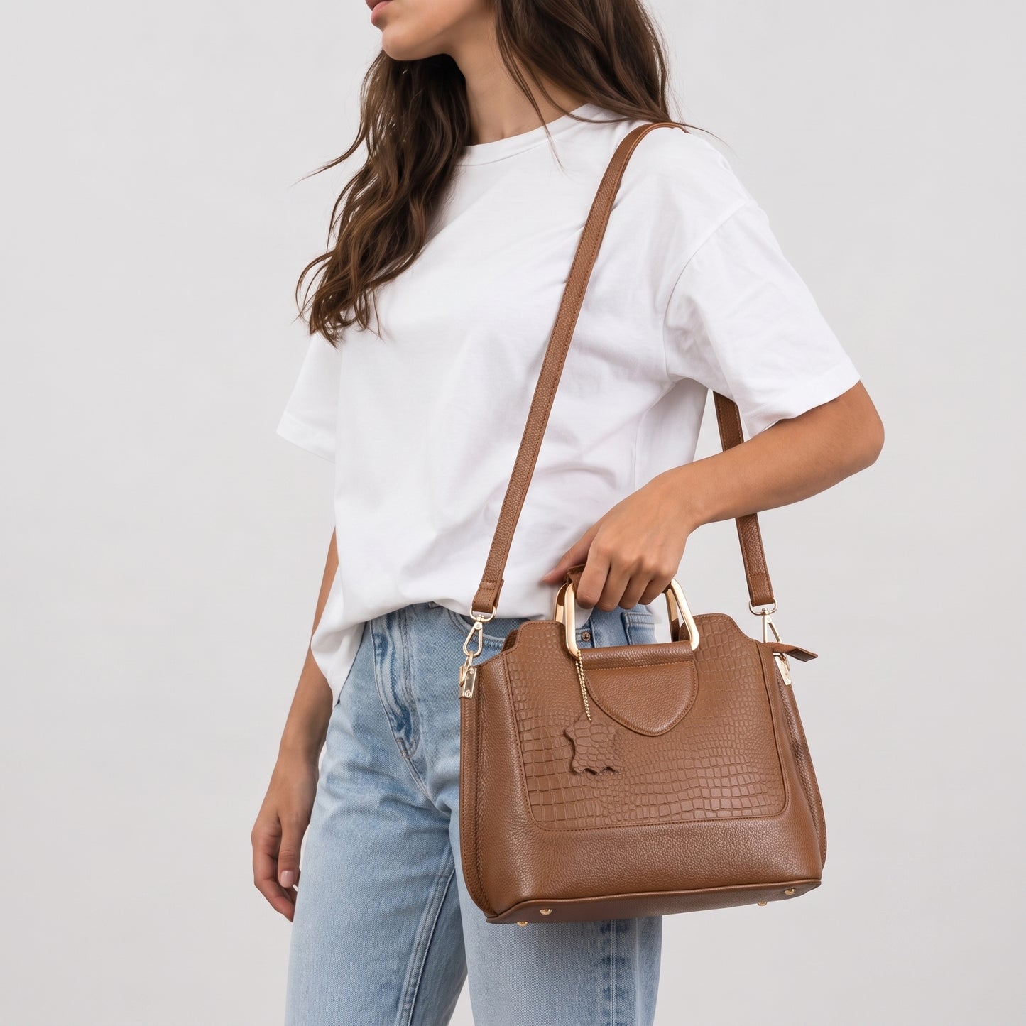 Corvia Croc Full Grain Leather Metal Top Handle Satchel Bag Strap with Model  Saddle Tan