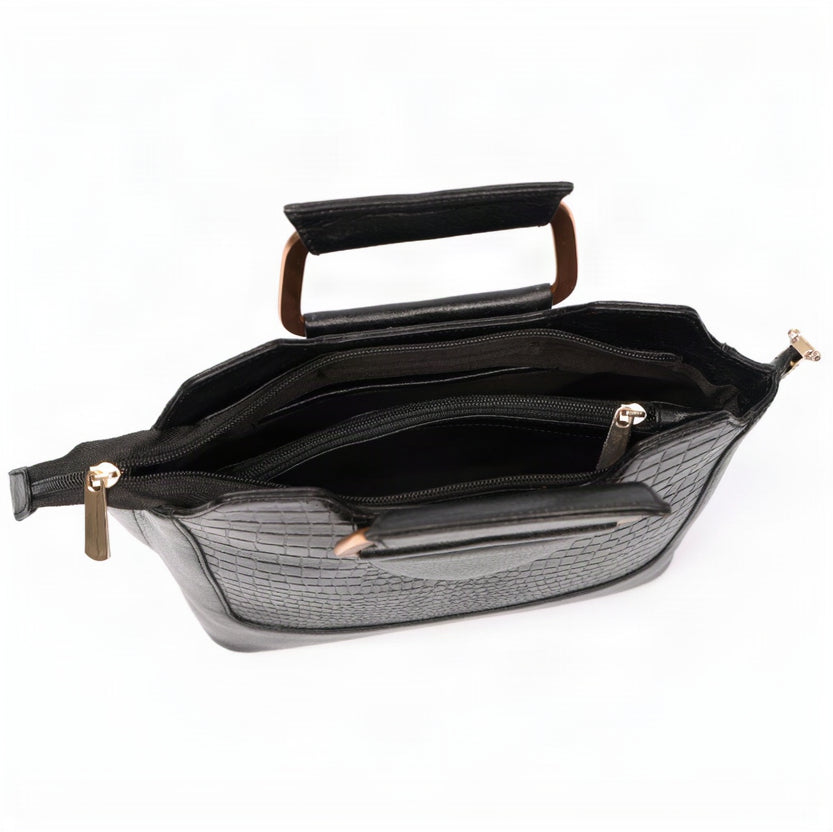 Corvia Croc Full Grain Leather Metal Top Handle Satchel Bag Zipper Black