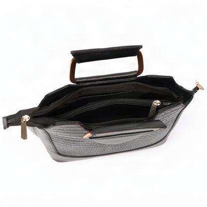 Corvia Croc Full Grain Leather Metal Top Handle Satchel Bag Zipper Black