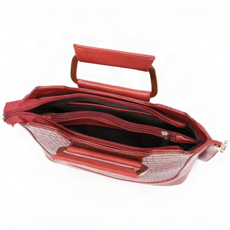 Corvia Croc Full Grain Leather Metal Top Handle Satchel Bag Zipper Brick Red