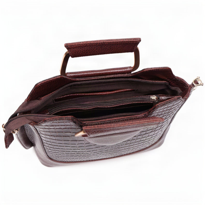 Corvia Croc Full Grain Leather Metal Top Handle Satchel Bag Zipper Oxblood Brown