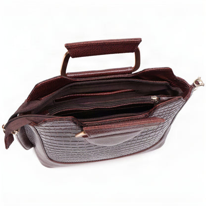 Corvia Croc Full Grain Leather Metal Top Handle Satchel Bag Zipper Oxblood Brown