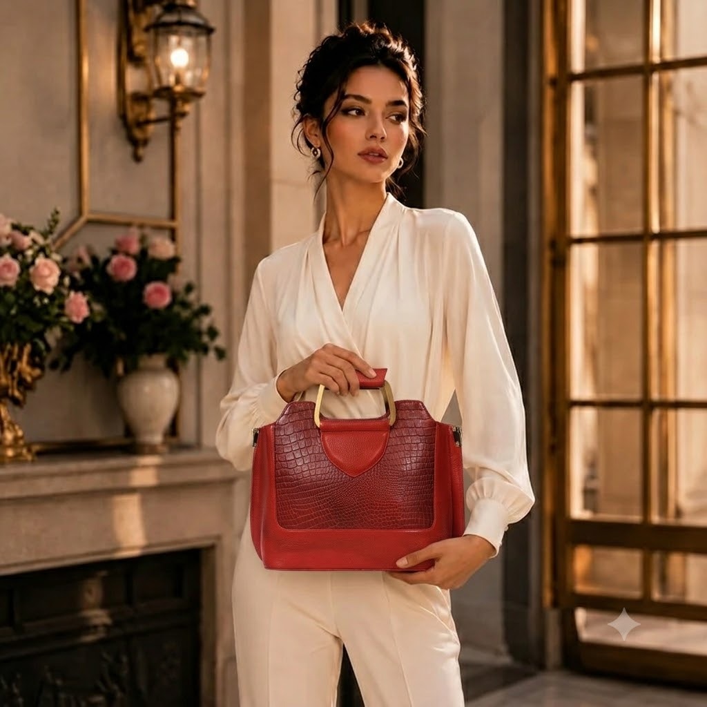 Corvia Croc Full Grain Leather Metal Top Handle Satchel Bag with Hand Model Brick Red