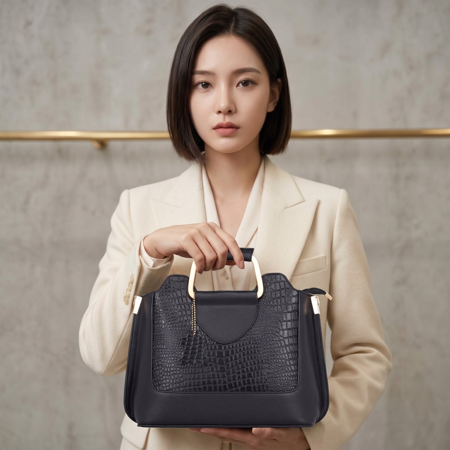 Corvia Croc Full Grain Leather Metal Top Handle Satchel Bag with Model Black