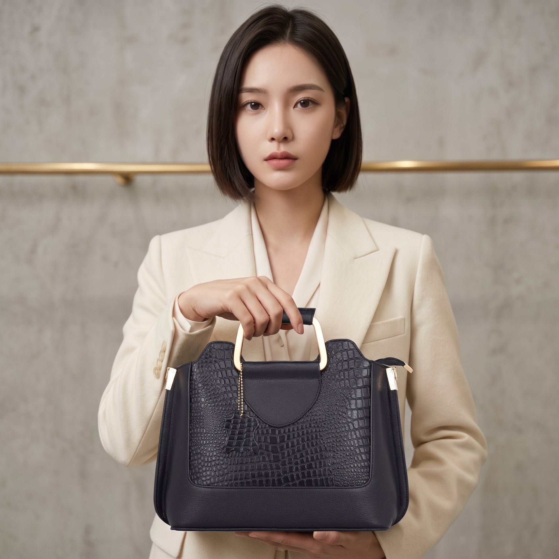 Corvia Croc Full Grain Leather Metal Top Handle Satchel Bag with Model Black