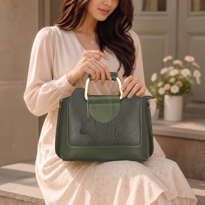 Corvia Croc Full Grain Leather Metal Top Handle Satchel Bag with Model Camouflage Green