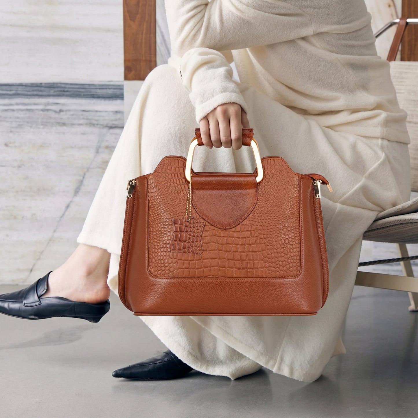 Corvia Croc Full Grain Leather Metal Top Handle Satchel Bag with Model Chestnut Brown
