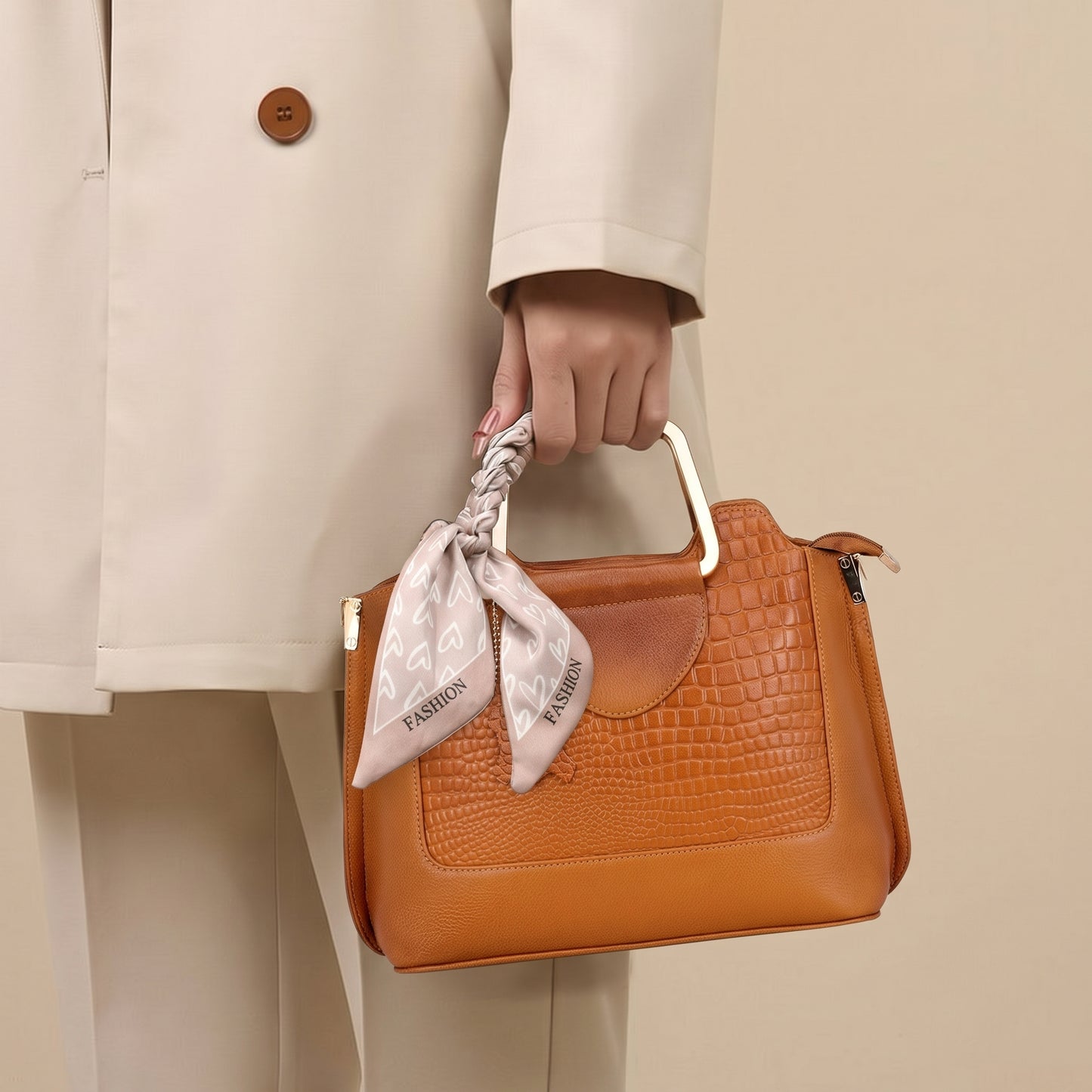 Corvia Croc Full Grain Leather Metal Top Handle Satchel Bag with Model Cognac