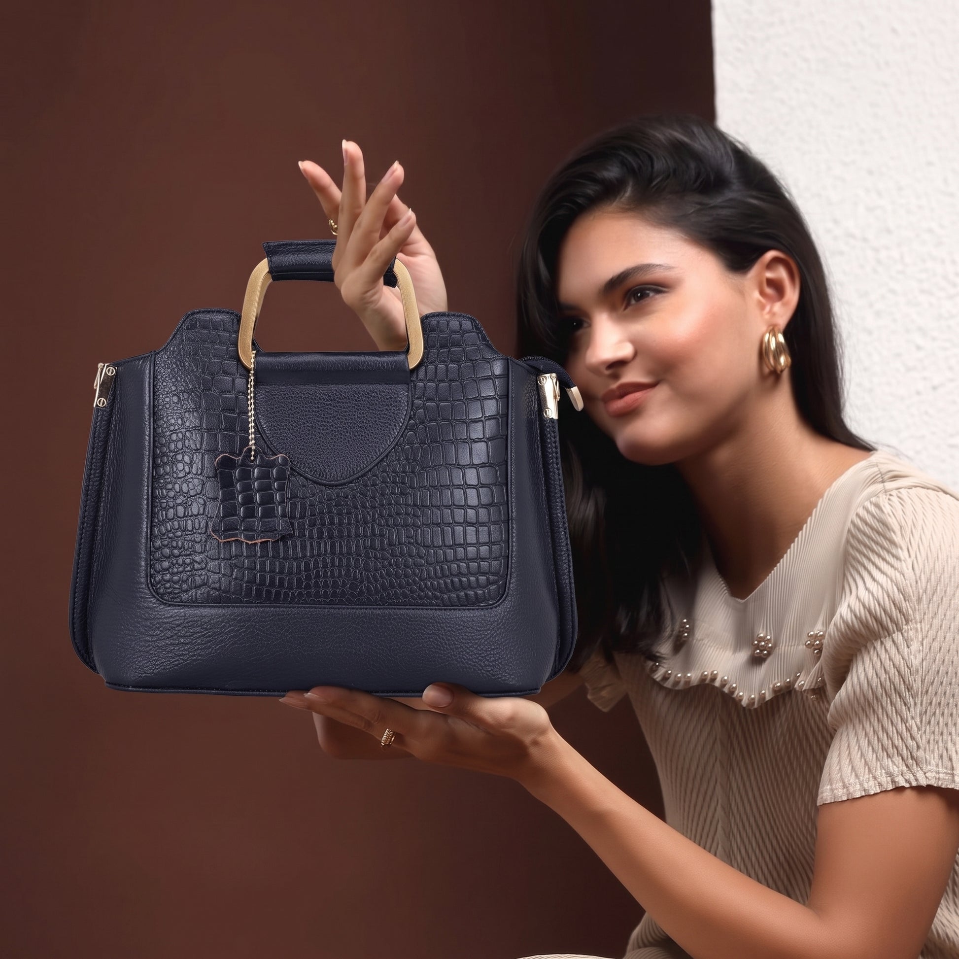 Corvia Croc Full Grain Leather Metal Top Handle Satchel Bag with Model Midnight Navy