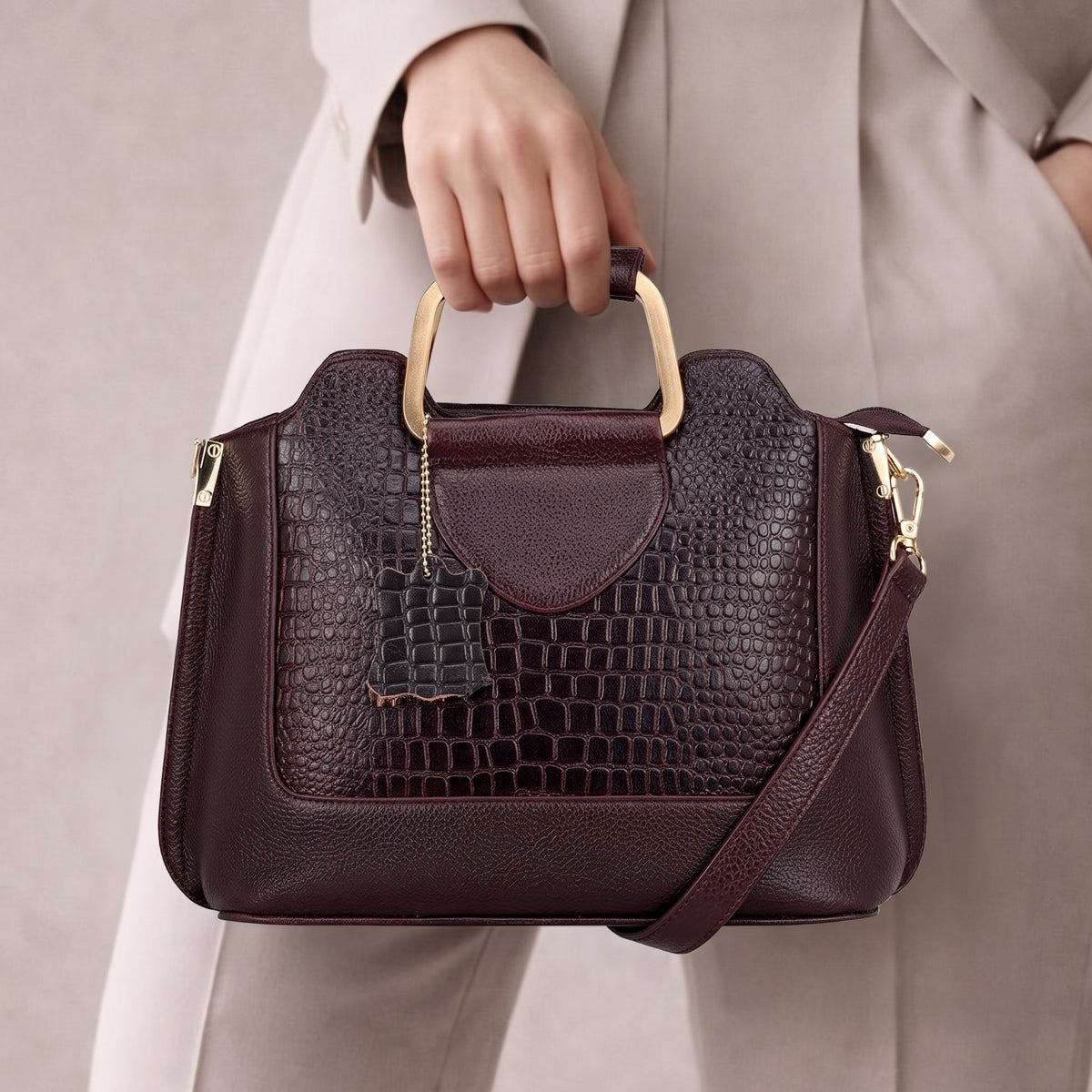 Corvia Croc Full Grain Leather Metal Top Handle Satchel Bag with Model Oxblood Brown