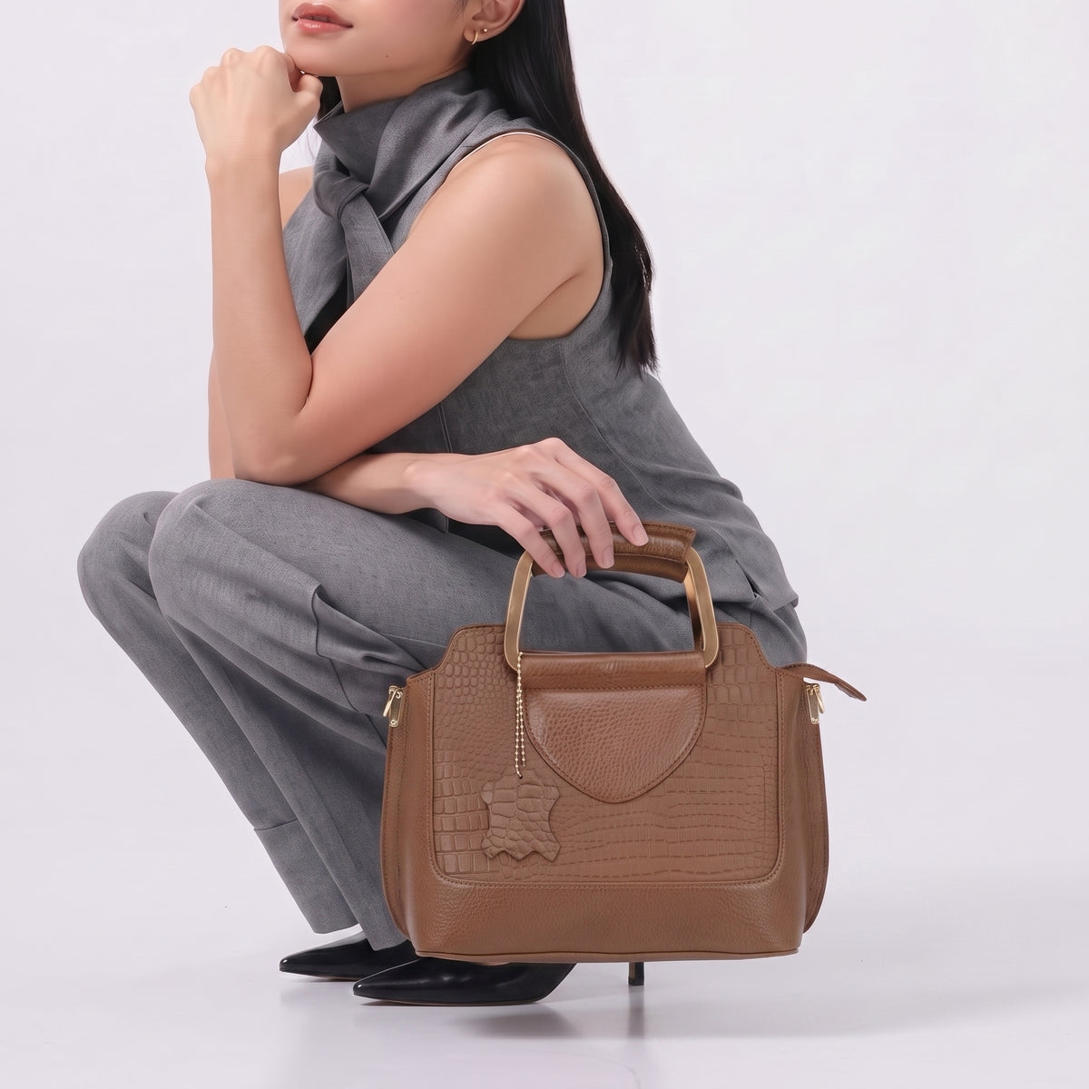 Corvia Croc Full Grain Leather Metal Top Handle Satchel Bag with Model  Saddle Tan