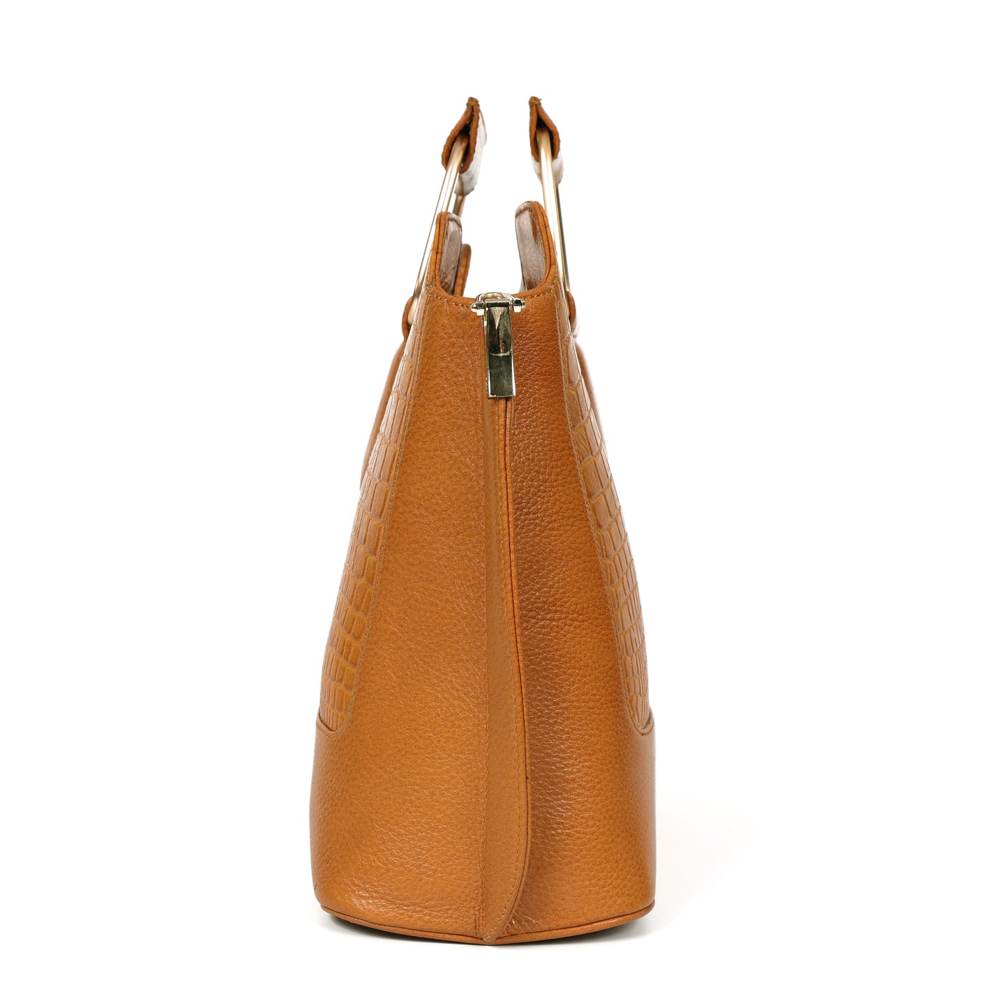 Corvia Croc Full Grain Leather Metal Top Handle Satchel Bag with Side Cognac