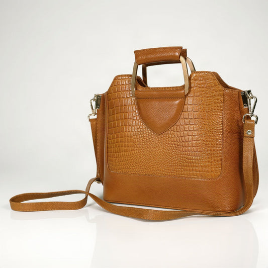 Corvia Croc Full Grain Leather Metal Top Handle Satchel Bag with Strap View Cognac