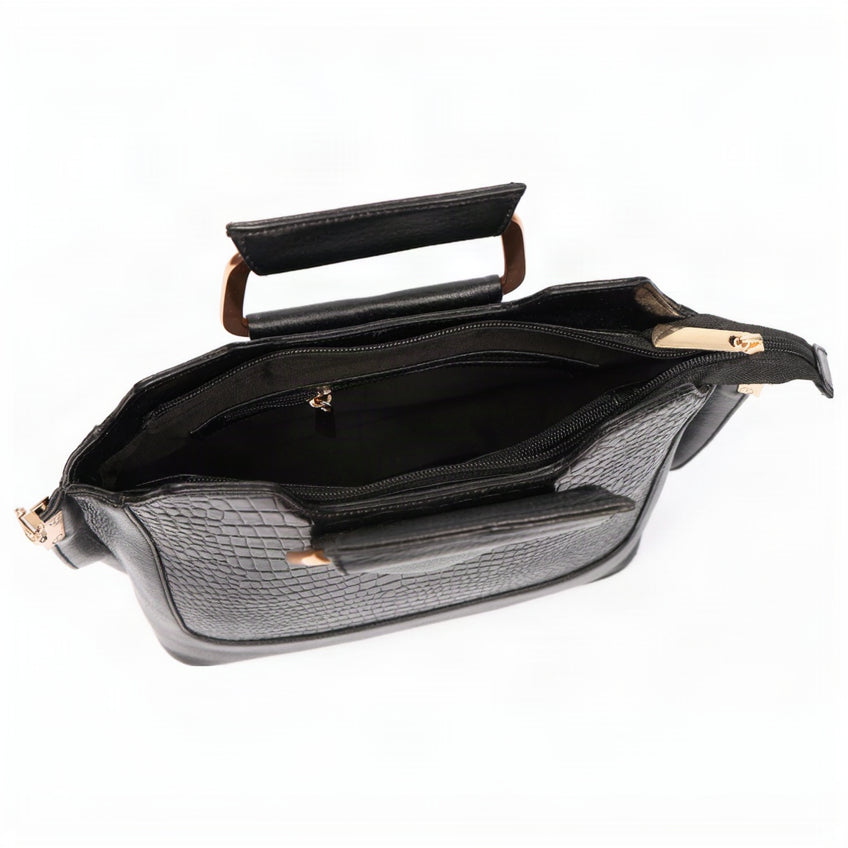Corvia Croc Full Grain Leather Metal Top Handle Satchel Divider Compartment Black