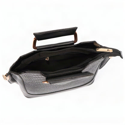 Corvia Croc Full Grain Leather Metal Top Handle Satchel Divider Compartment Black