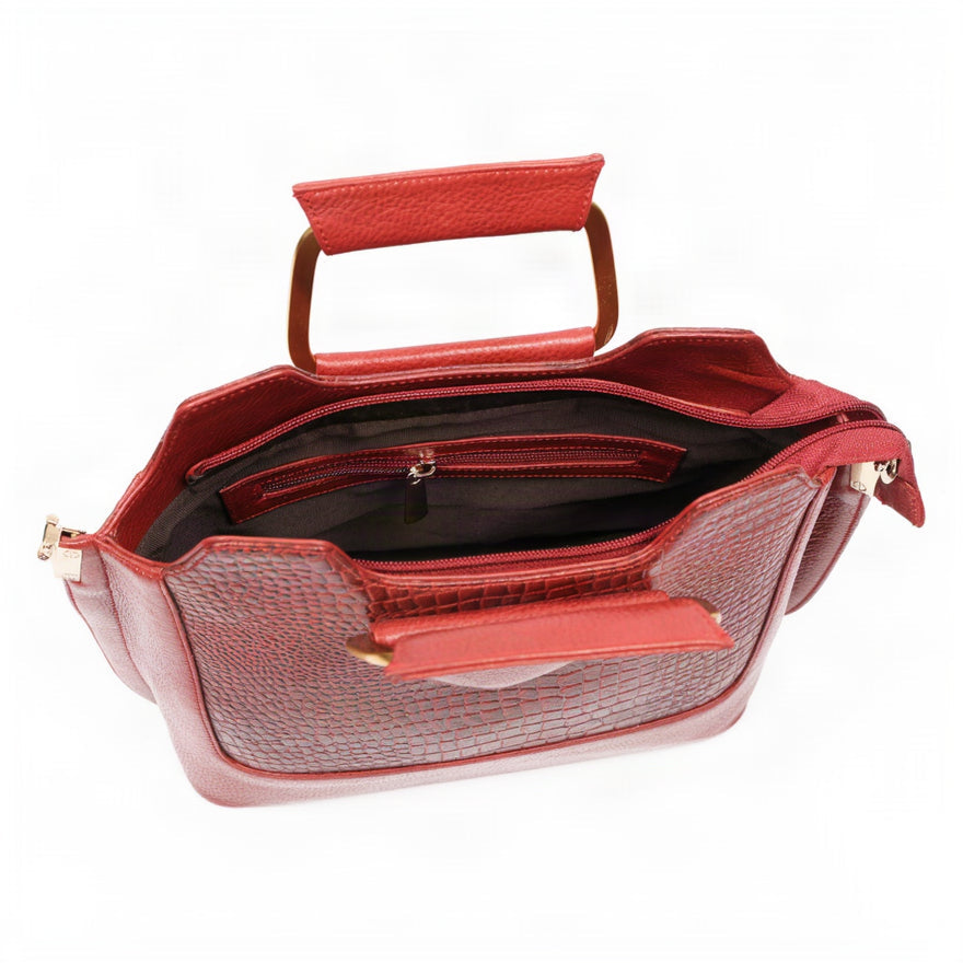 Corvia Croc Full Grain Leather Metal Top Handle Satchel Divider Compartment Brick Red