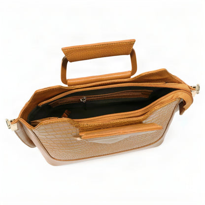 Corvia Croc Full Grain Leather Metal Top Handle Satchel Divider Compartment Cognac
