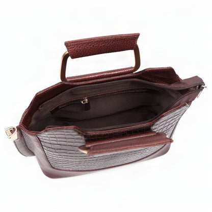 Corvia Croc Full Grain Leather Metal Top Handle Satchel Divider Compartment Oxblood Brown