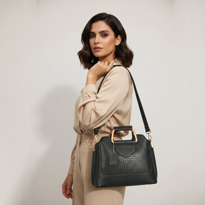 Corvia Croc Full Grain Leather Metal Top Handle Satchel hand Bag Strap with Model   Gunmetal Green