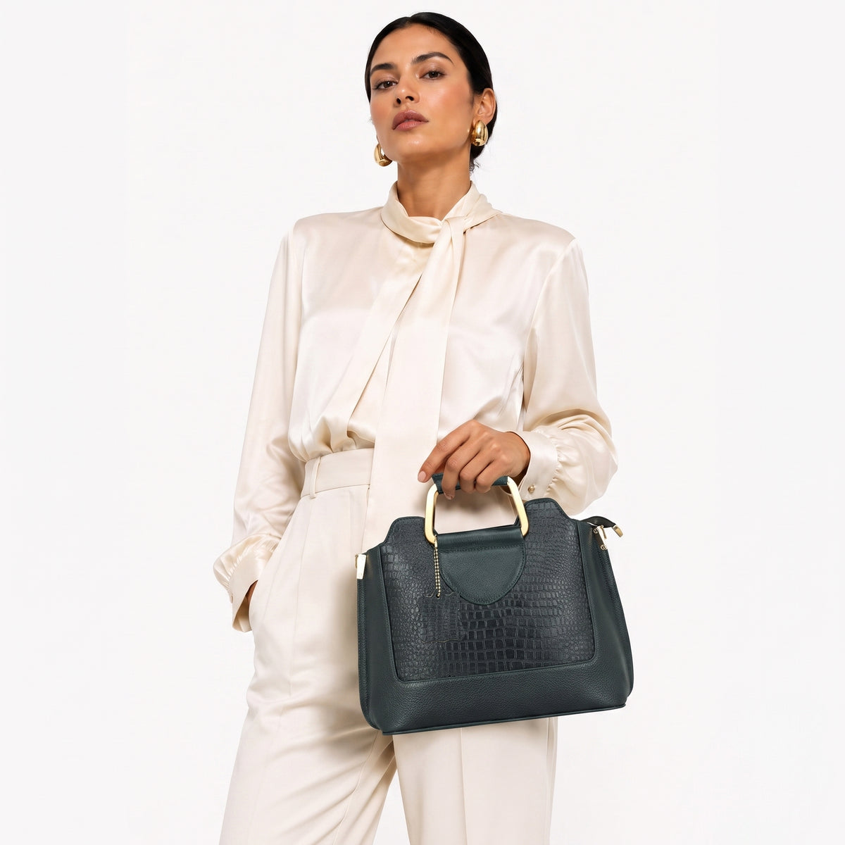 Corvia Croc Full Grain Leather Metal Top Handle Satchel hand Bag with Model  Gunmetal Green