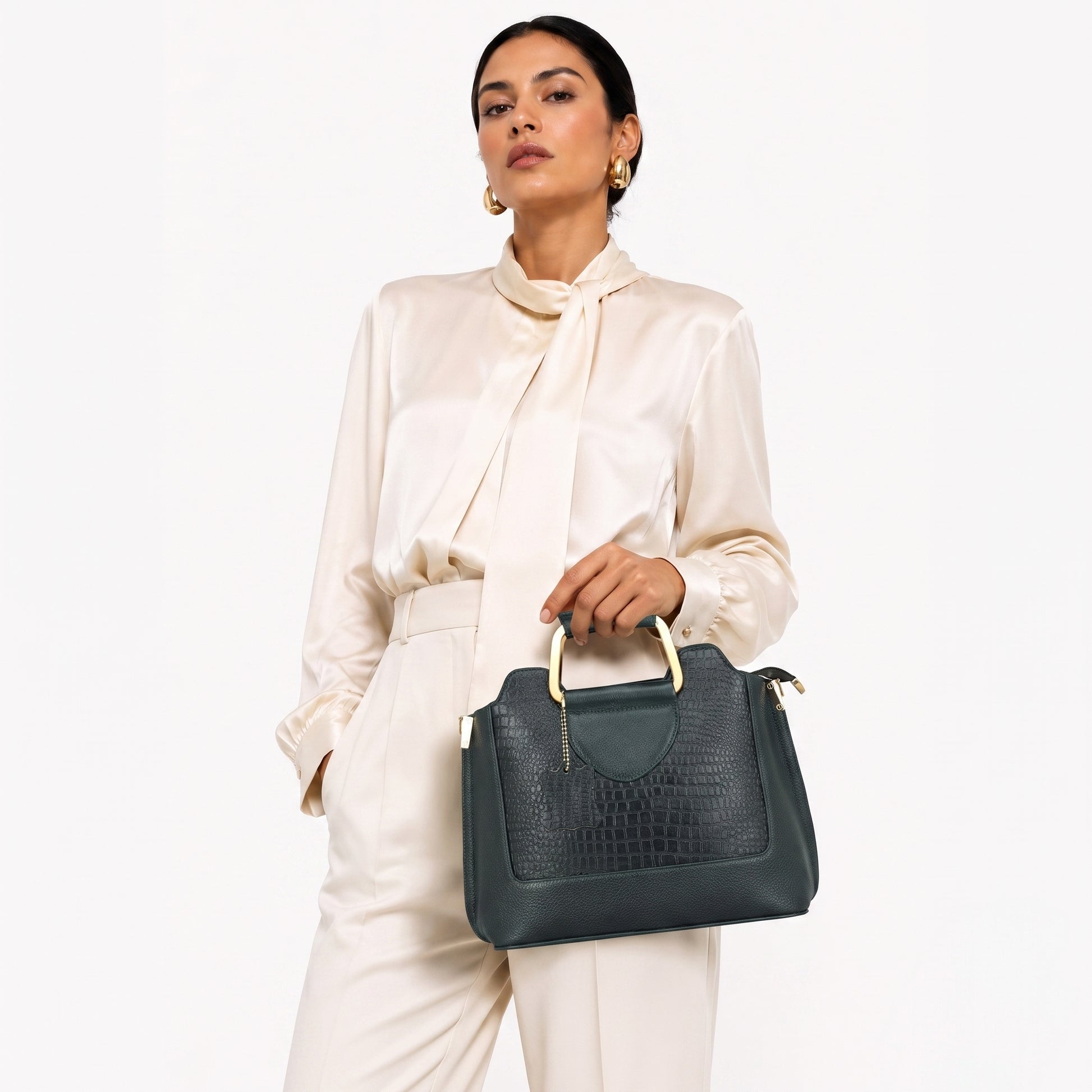 Corvia Croc Full Grain Leather Metal Top Handle Satchel hand Bag with Model  Gunmetal Green