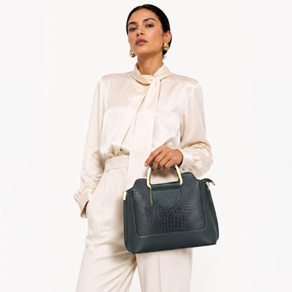 Corvia Croc Full Grain Leather Metal Top Handle Satchel hand Bag with Model  Gunmetal Green
