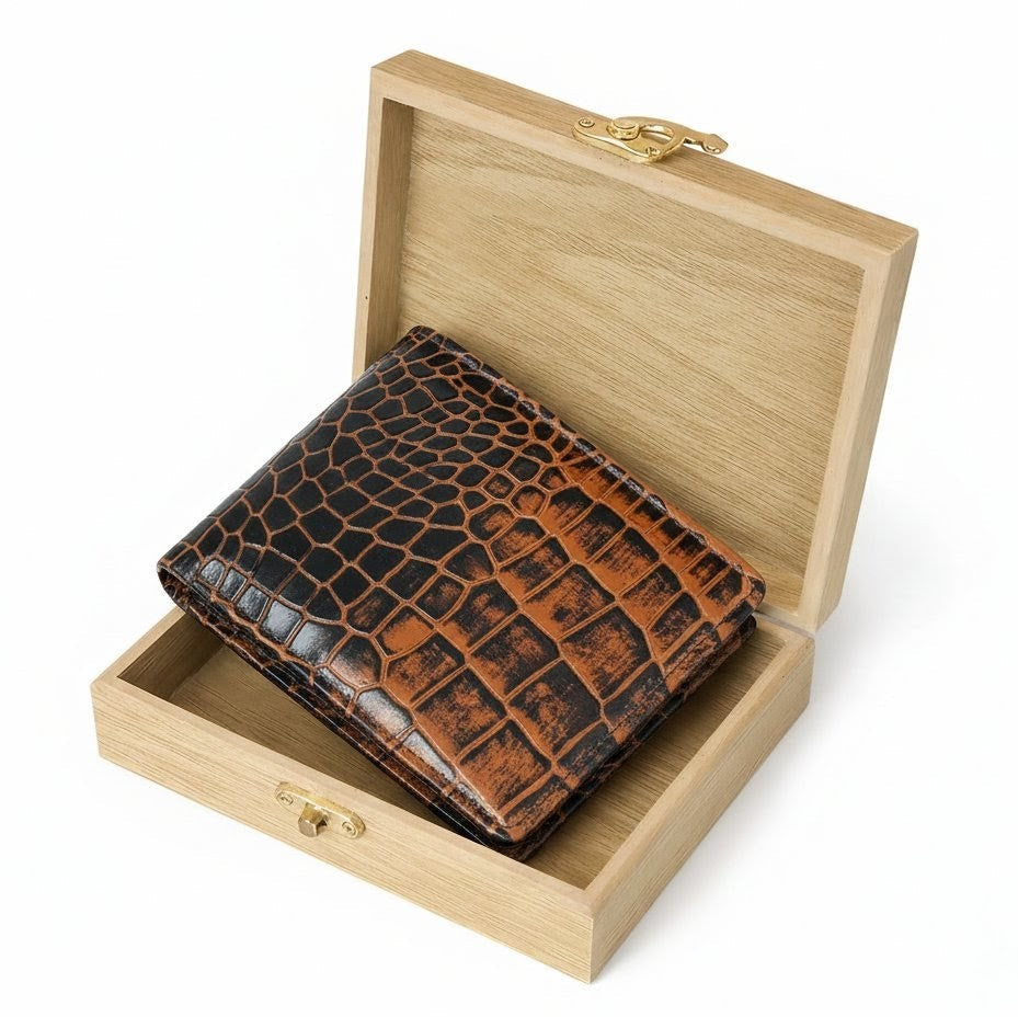 Croc Baron Elite RFID Leather Mens Wallet in Wooden Box Burnt Cognac