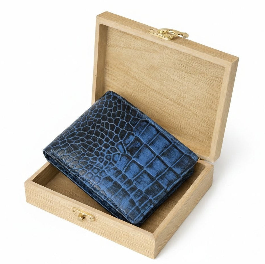 Croc Baron Elite RFID Leather Mens Wallet in Wooden Box Steel Blue