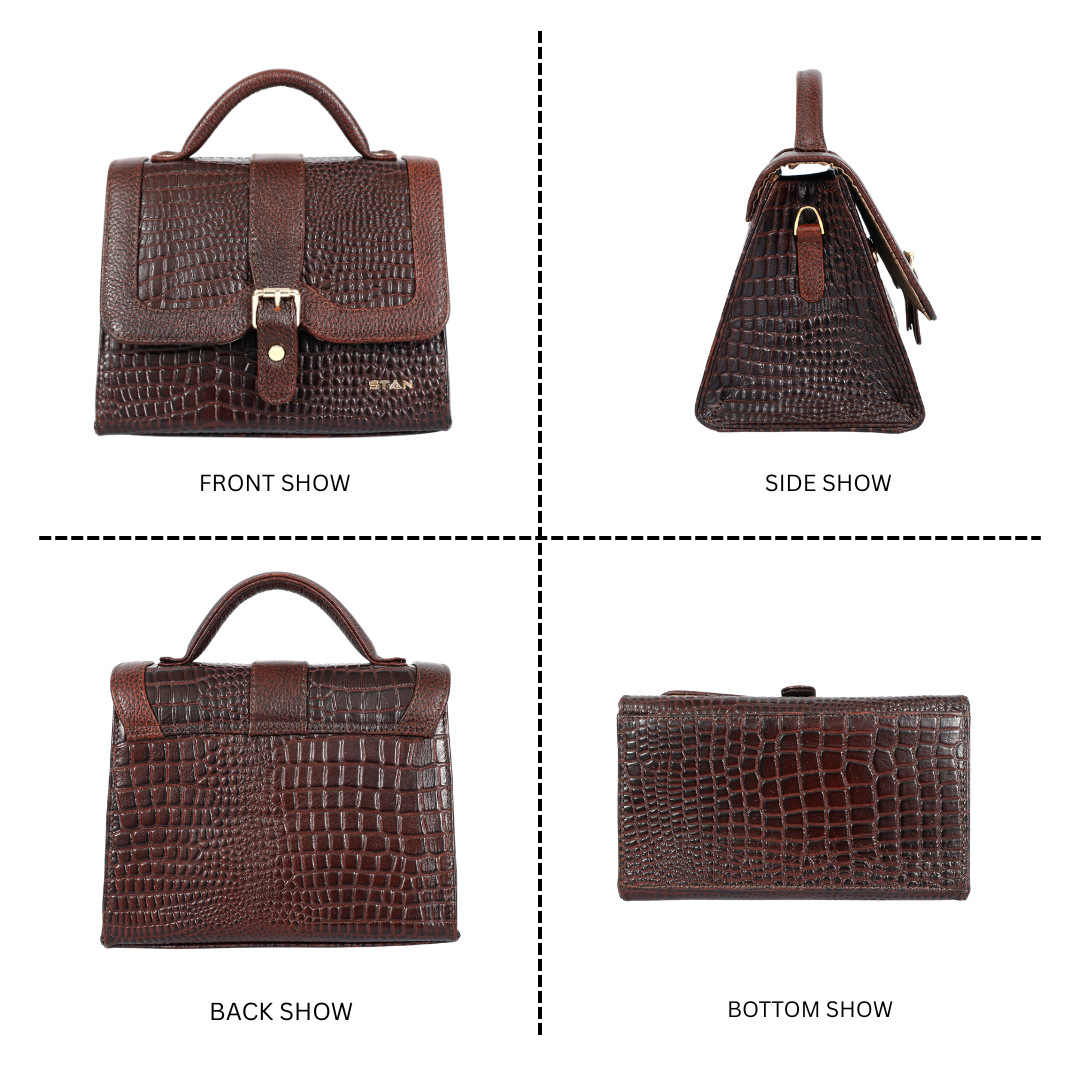 Jasmine Croco Leather Handbag all side Oxblood Brown