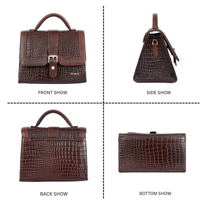Jasmine Croco Leather Handbag all side Oxblood Brown