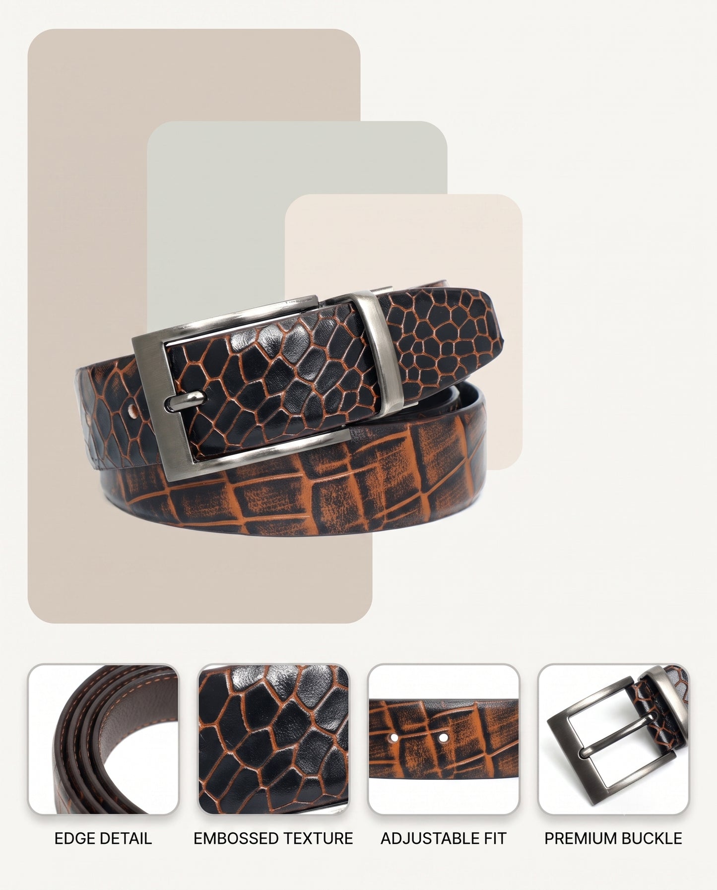 Drake Elite Croc Embossed Hand-Burnished Full Grain Leather Belt for Men Infographics Burnt Cognac