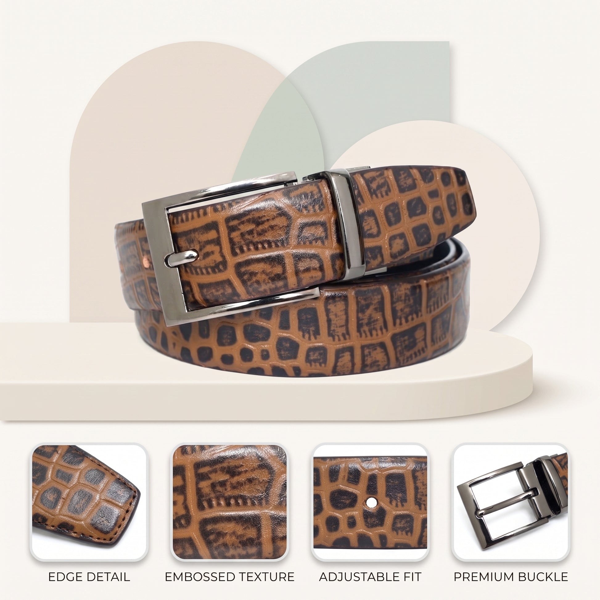 Drake Elite Croc Embossed Hand-Burnished Full Grain Leather Belt for Men Infographics Tan