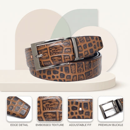 Drake Elite Hand-Burnished Croc Embossed Full-Grain Leather Belt for Men Infographics Tan